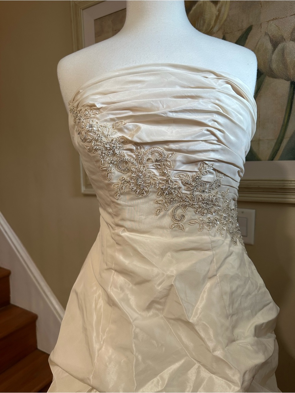 Davids Bridal Ivory Champagne Ruched lace Strapless Wedding Dress Sz 8 - Picture 14 of 16